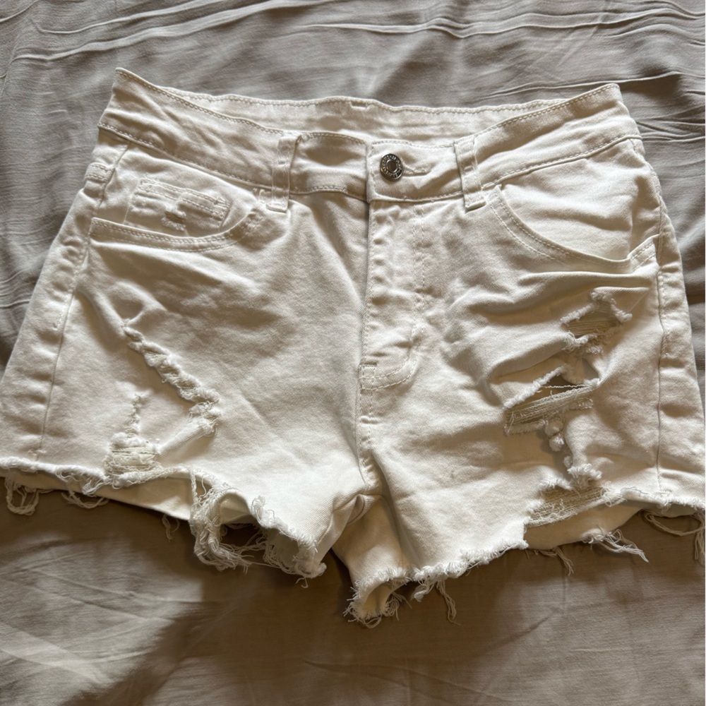 SHEIN White Distressed Jean Shorts